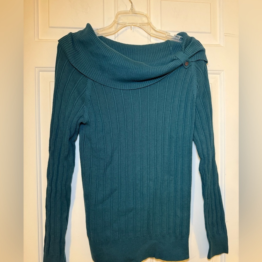 Pria Woman’s Large Green Cowl Neck Ribbed Sweater NWT 100% Cotton Stretch